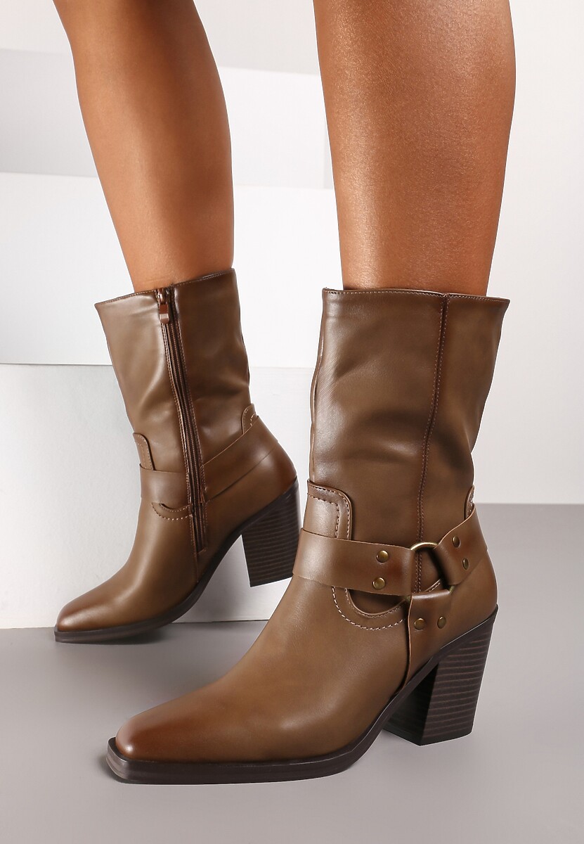 Ciemnobeżowe Ocieplane Botki na Stożkowym Obcasie z Ozdobną Klamrą Verinique