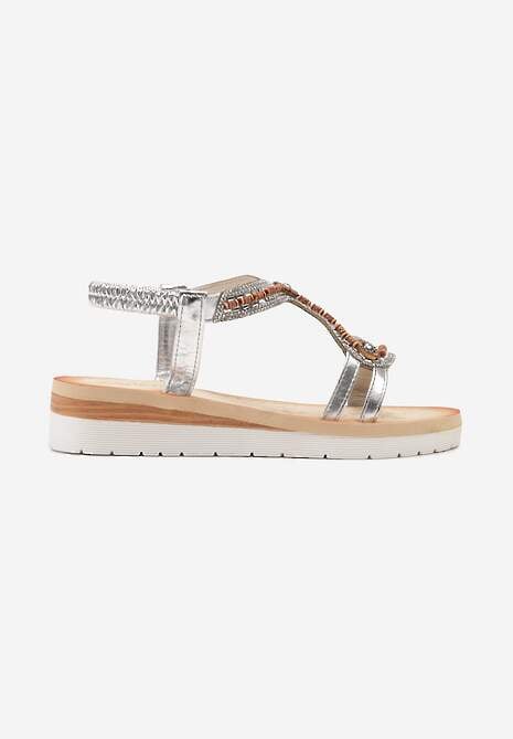 Srebrne Sandały na Niskim Koturnie Ozdobione Koralikami i Cyrkoniami Savion