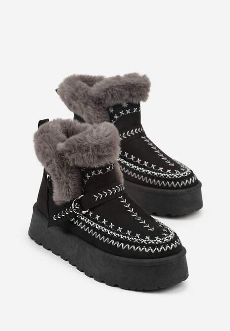 Czarne Śniegowce na Platformie z Futerkiem i Haftowanym Wzorem Celatusa