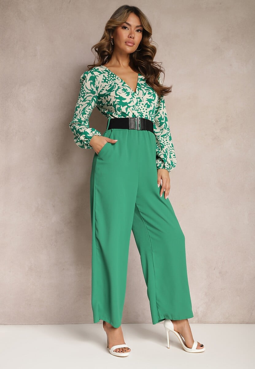 Zielono-Biały Kombinezon w Print z Paskiem i Szerokimi Nogawkami Stuvana