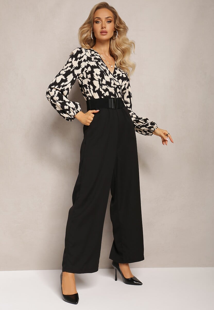 Czarno-Biały Kombinezon z Długimi Nogawkami i Kopertowym Dekoltem oraz Paskiem z Gumy Koretta