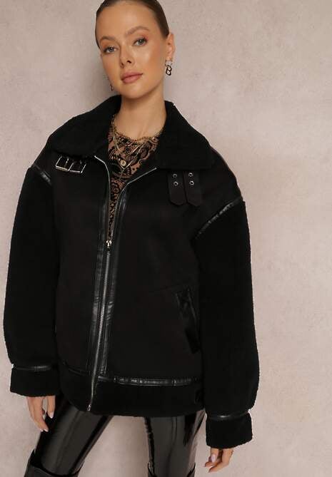 Czarna Kurtka Pilotka ze Sztucznym Barankowym Futerkiem Phaerehe