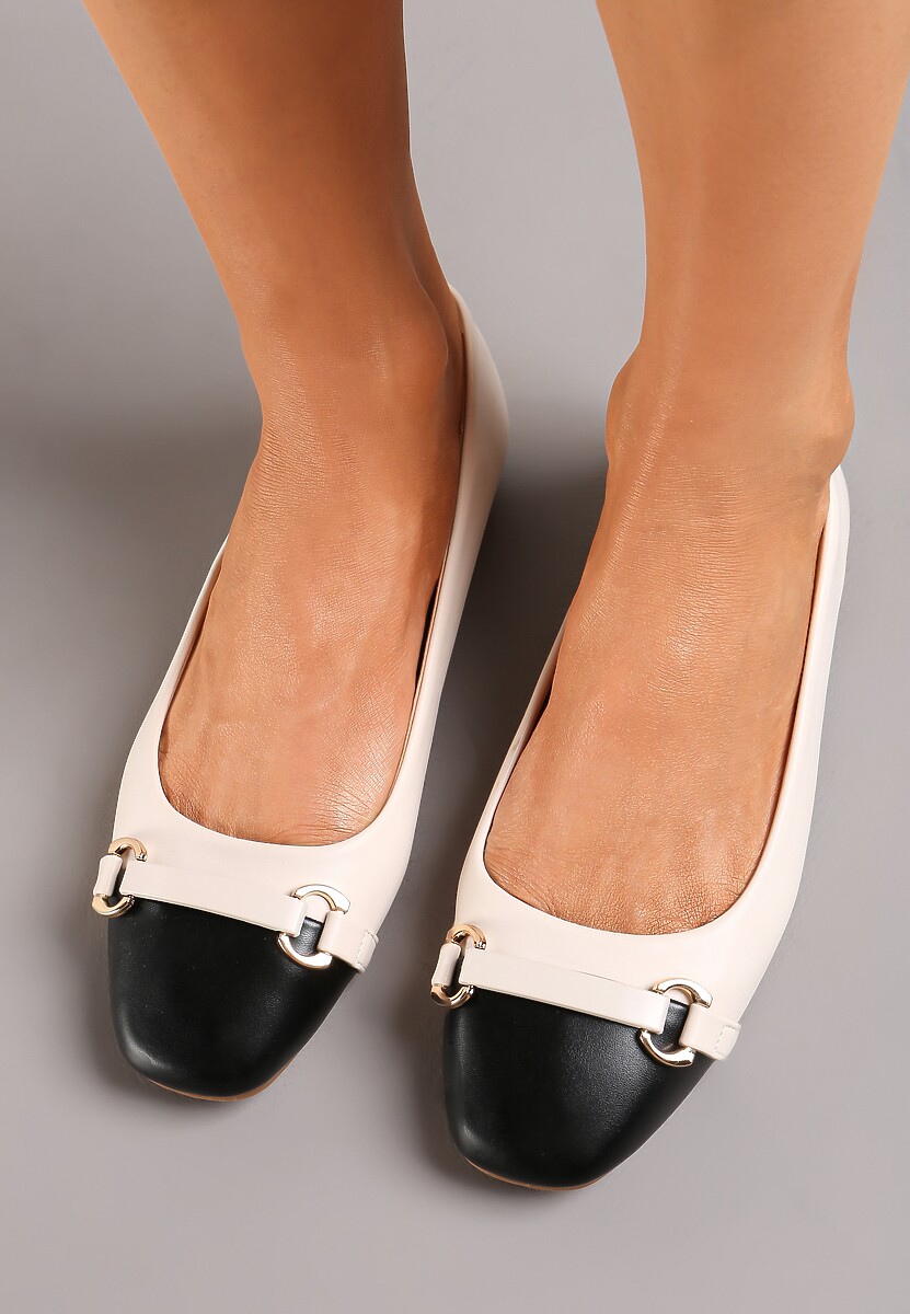 Beżowe Balerinki z Minimalistyczną Klamerką na Kontrastowym Nosku Moiri