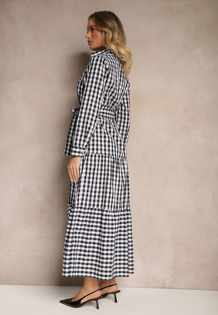 Czarna Koszulowa Sukienka z Bawełny w Kratkę Vichy z Wiązanym Paskiem Adlivia