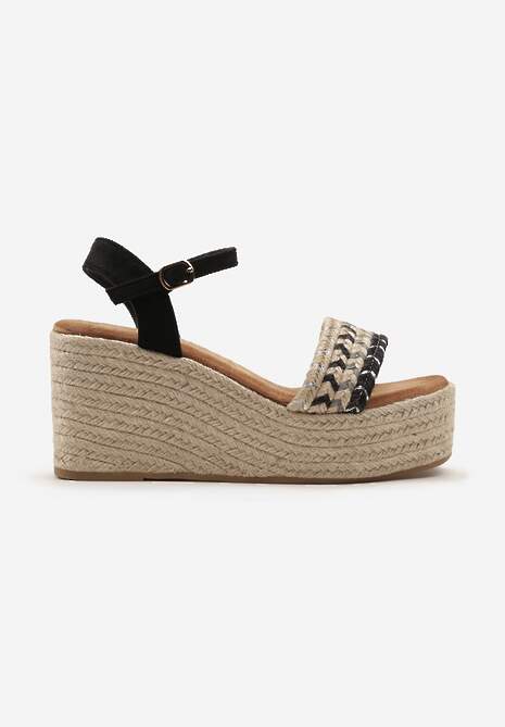 Czarne Sandały na Koturnie w Stylu Boho Zapinane na Sprzączkę Elines