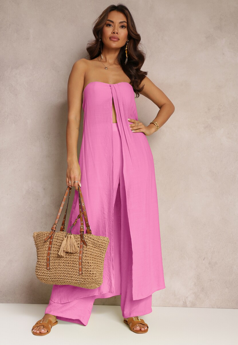 Różowy 2-częściowy Komplet Długi Top i Spodnie z Gumką w Pasie i Szerokimi Nogawkami Bincina