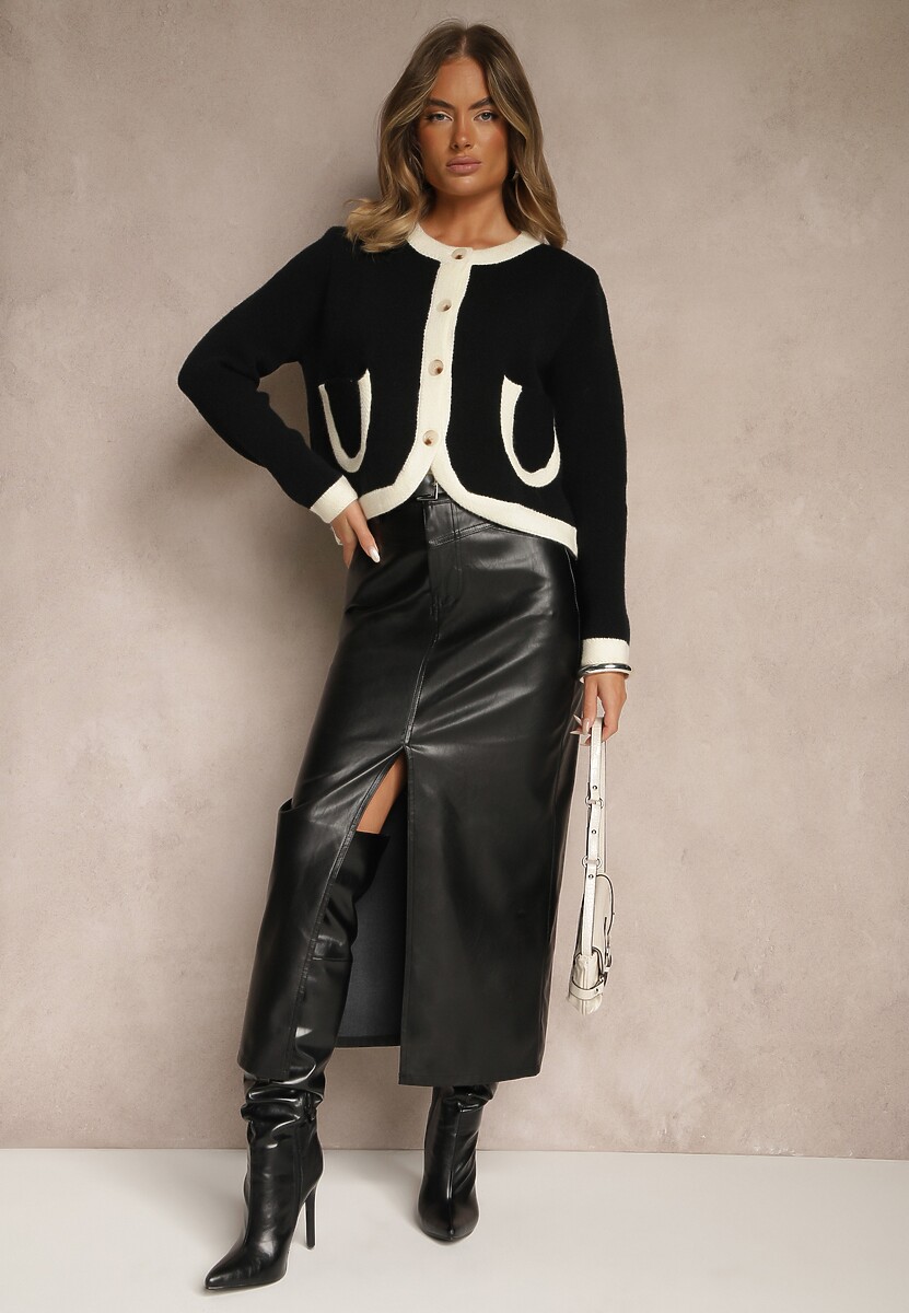 Czarny Rozpinany Klasyczny Kardigan z Wełną Senneva