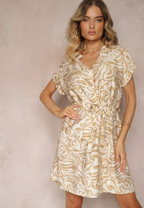 Beżowa Pudełkowa Sukienka z Paskiem w Talii Nasilia