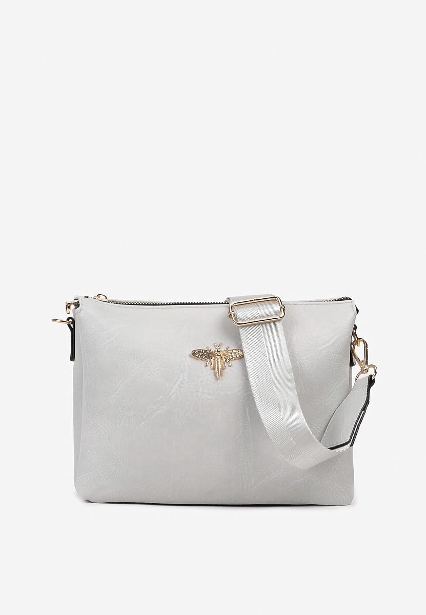 Szara Mała Torebka z Trzema Komorami na Suwak z Aplikacją i Regulowanym Paskiem Ganesa