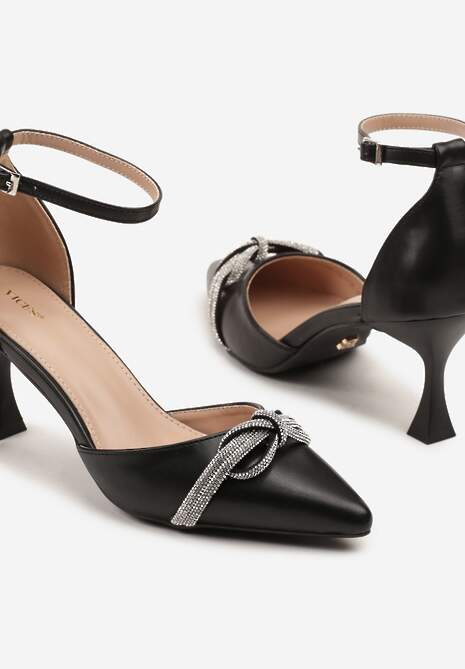 Czarne Czółenka na Szpilce Vices z Cyrkoniową Kokardą Atennia