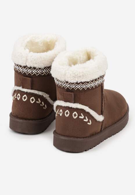 Ciemnobrązowe Śniegowce o Wsuwanym Fasonie z Haftem i Futrem przy Cholewce Mevinadia