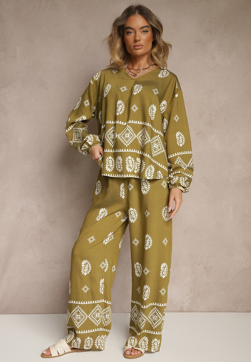 Ciemnozielony Komplet w Stylu Etno Spodnie z Gumką w Pasie i Bluzka Oversize Eviralyn