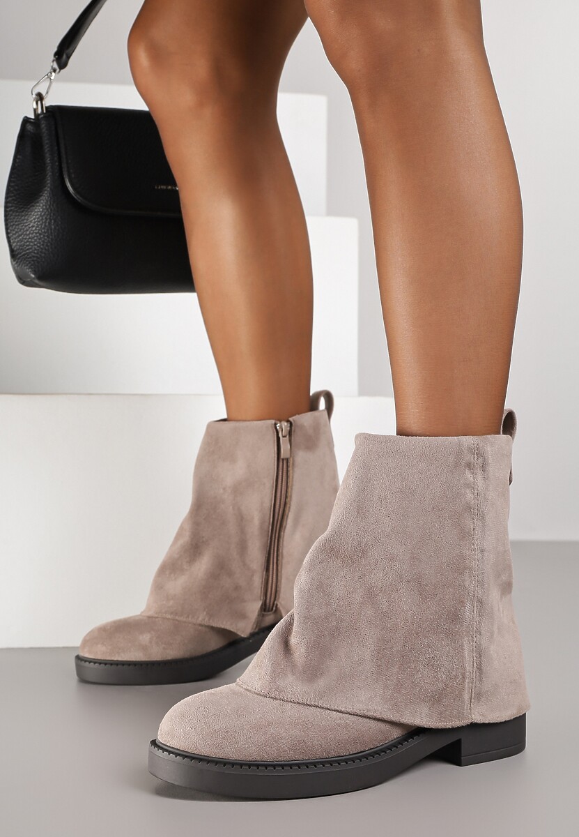 Beżowe Botki z Imitacji Zamszu z Cholewką w Stylu Nogawki Rilavine