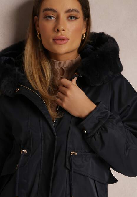 Granatowa Kurtka Nylonowa Parka z Odpinanym Futerkiem Pasca