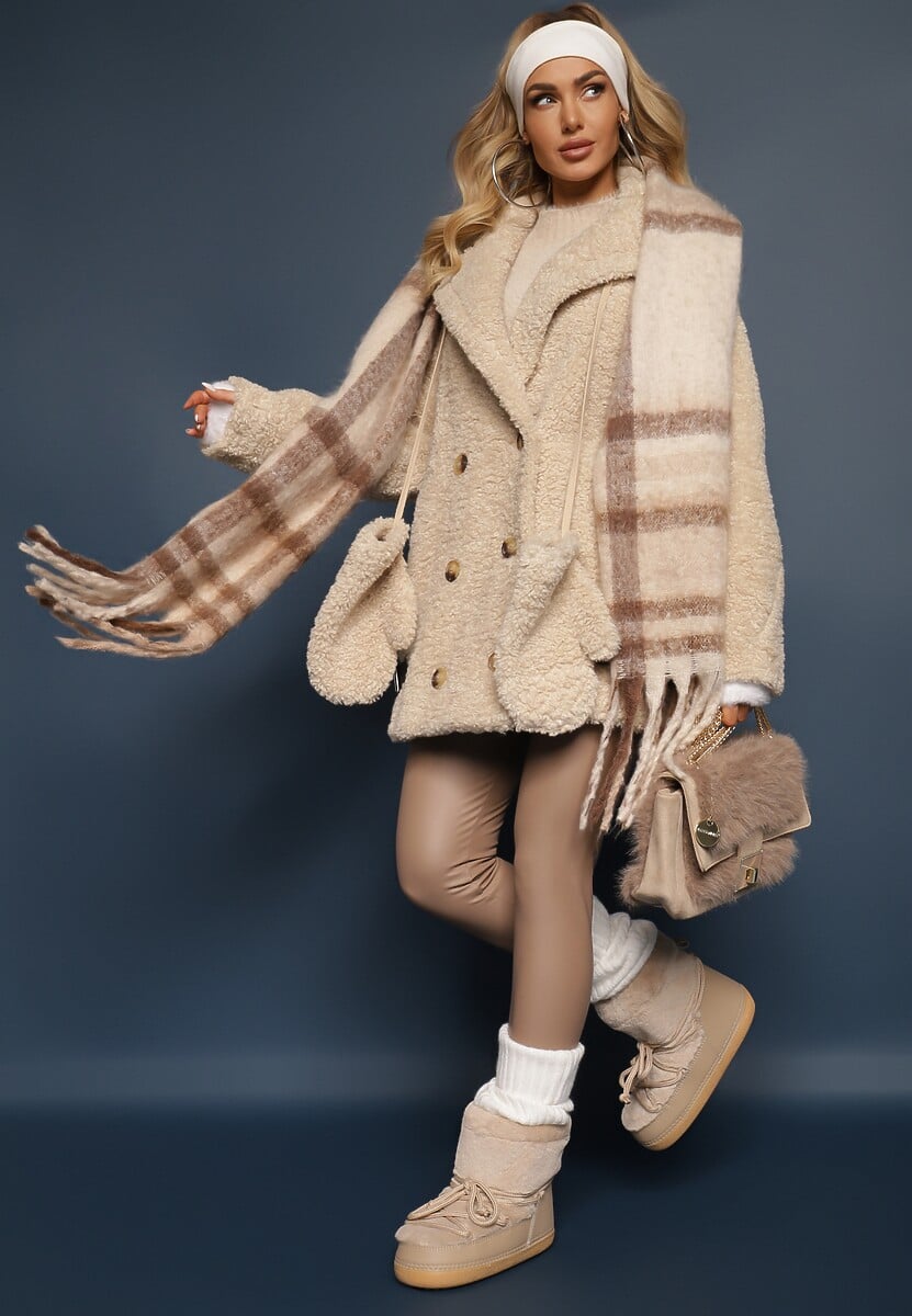 Jasnobeżowa Dwurzędowa Kurtka Futerkowy Płaszcz z Dodatkowymi Rękawiczkami Hetirra