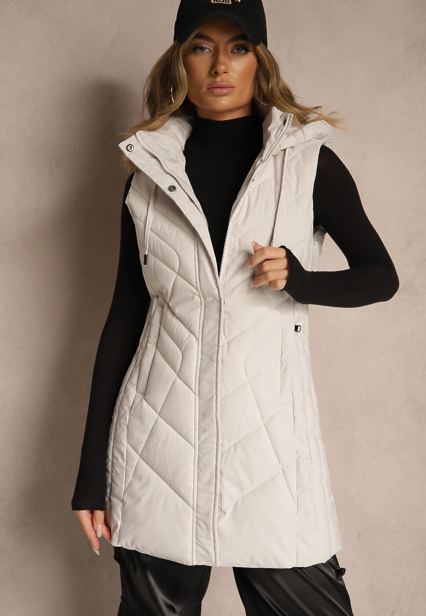 Ciemnobeżowa Pikowana Kamizelka o Taliowanym Kroju z Kapturem Tulonea