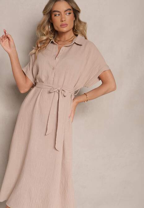 Ciemnobeżowa Wiskozowa Sukienka Koszulowa z Wiązanym Paskiem w Talii Vanisti