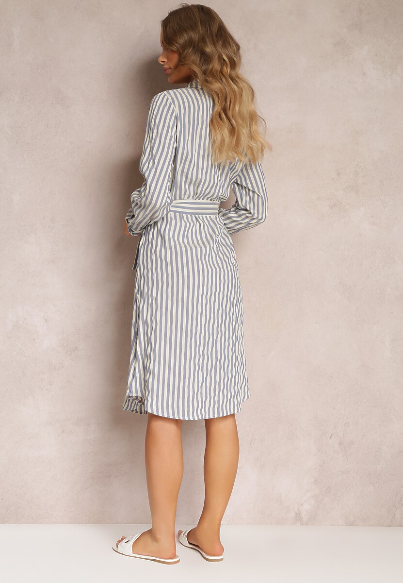 Niebieska Sukienka Koszulowa z Bawełny w Paski i Wiązanym Paskiem Mayreli