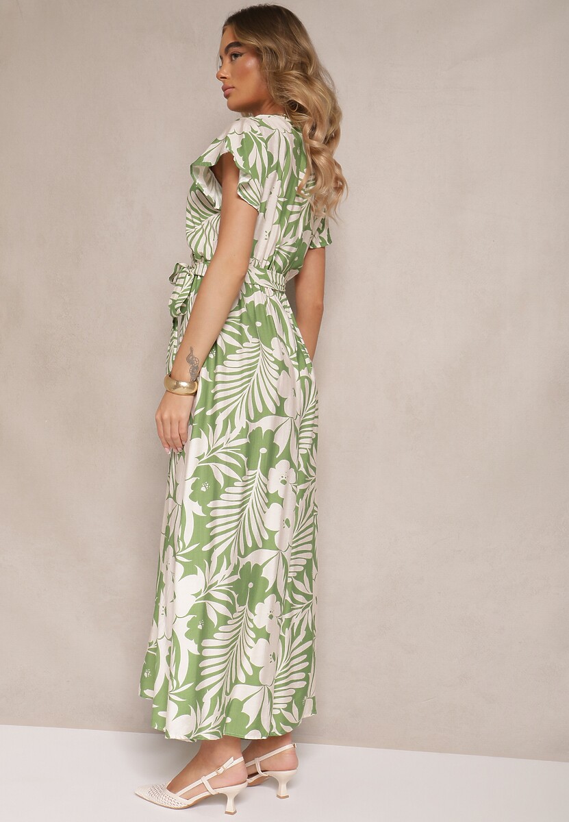 Zielona Rozkloszowana Sukienka z Wiskozy w Kwiaty Elarielis