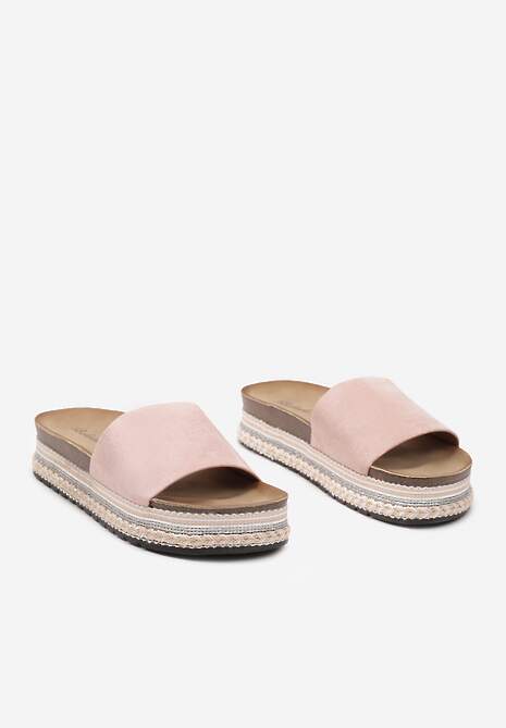 Różowe Klapki na Grubej Podeszwie z Wkładką z Ekoskóry Ozdobione Metaliczną Nicią Manessi