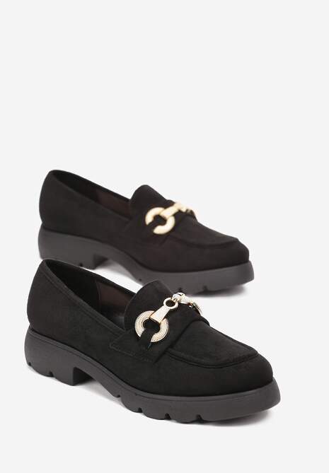 Czarne Klasyczne Mokasyny na Płaskiej Podeszwie Ozdobione Metalową Wstawką Landia