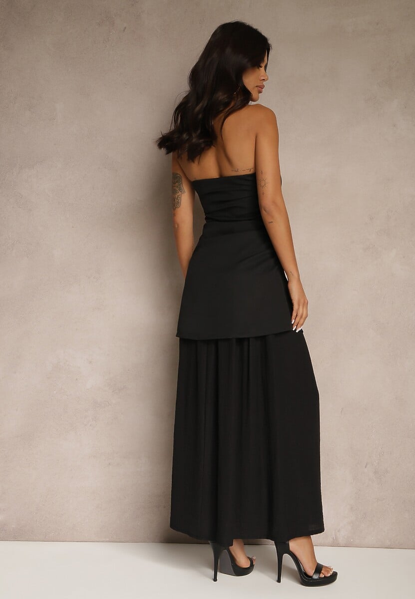 Czarna Sukienka Koktajlowa z Dekoltem Bandeau Ozdobiona Marszczeniem Folimmea