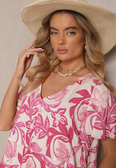 Różowa Sukienka Wiskozowa o Pudełkowym Kroju w Kwiatowy Print Ranisla