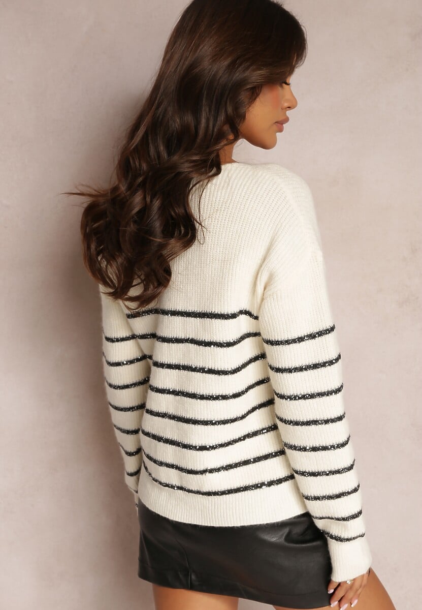 Beżowo-Czarny Sweter w Paski z Trójkątnym Dekoltem Ozdobiony Cekinami Avaninder
