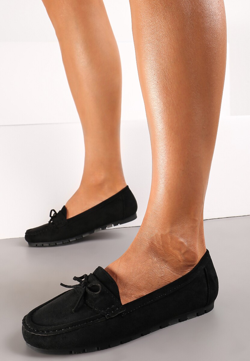 Czarne Płaskie Mokasyny z Imitacji Zamszu z Kokardką Vlinve