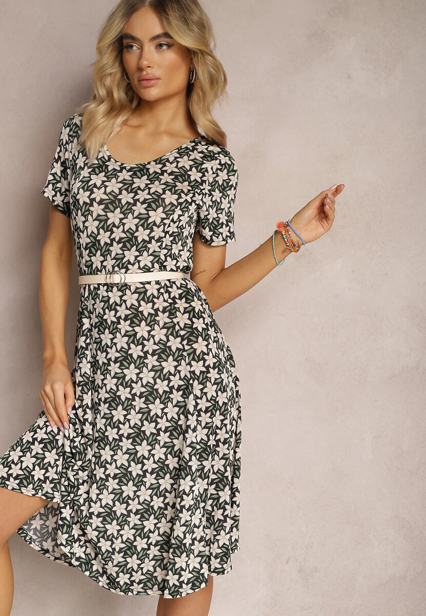 Czarno-Beżowa Sukienka Midi z Wiskozy z Krótkim Rękawem i Kwiatowym Printem Juniboria