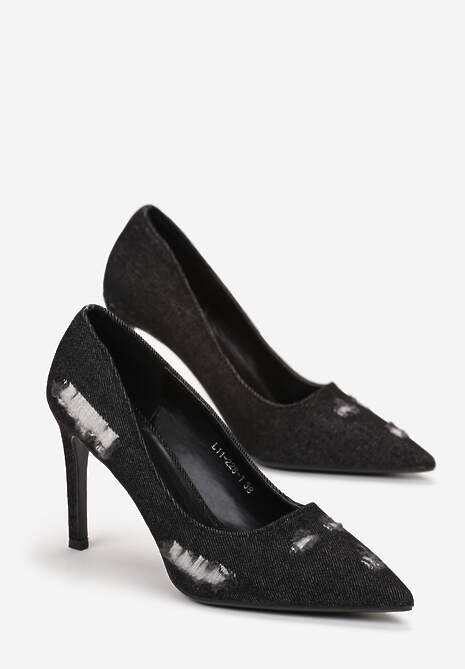 Czarne Szpilki z Jeansu Ozdobione Przetarciami Korra