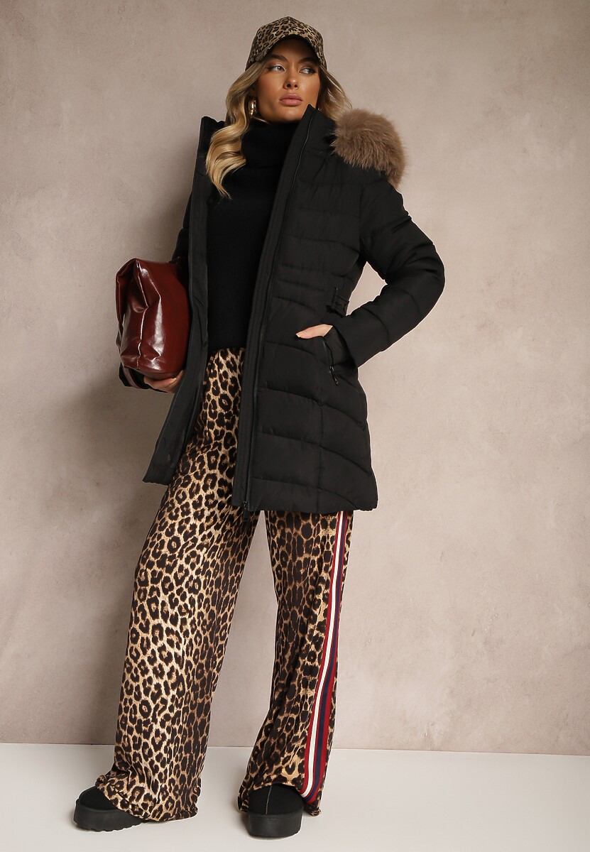 Czarno-Brązowa Pikowana Kurtka z Podszewką z Polarem i Kapturem z Futrzanym Obszyciem Eventina