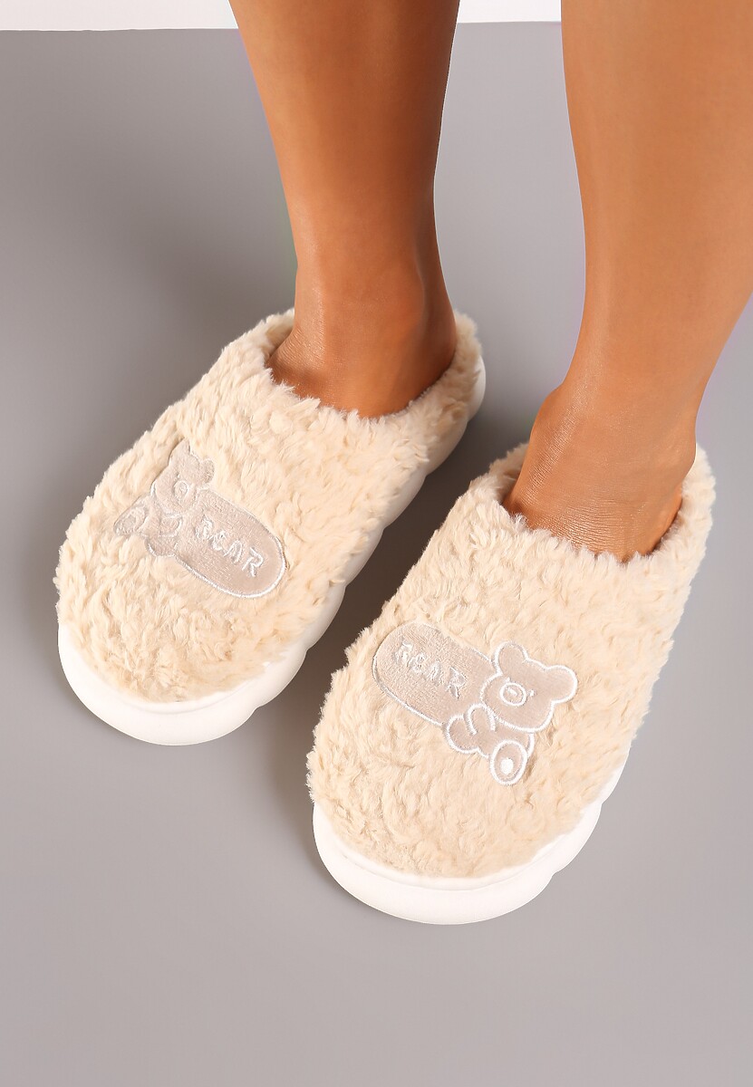 Beżowe Futerkowe Kapcie na Grubej Tłoczonej Podeszwie Naritevia