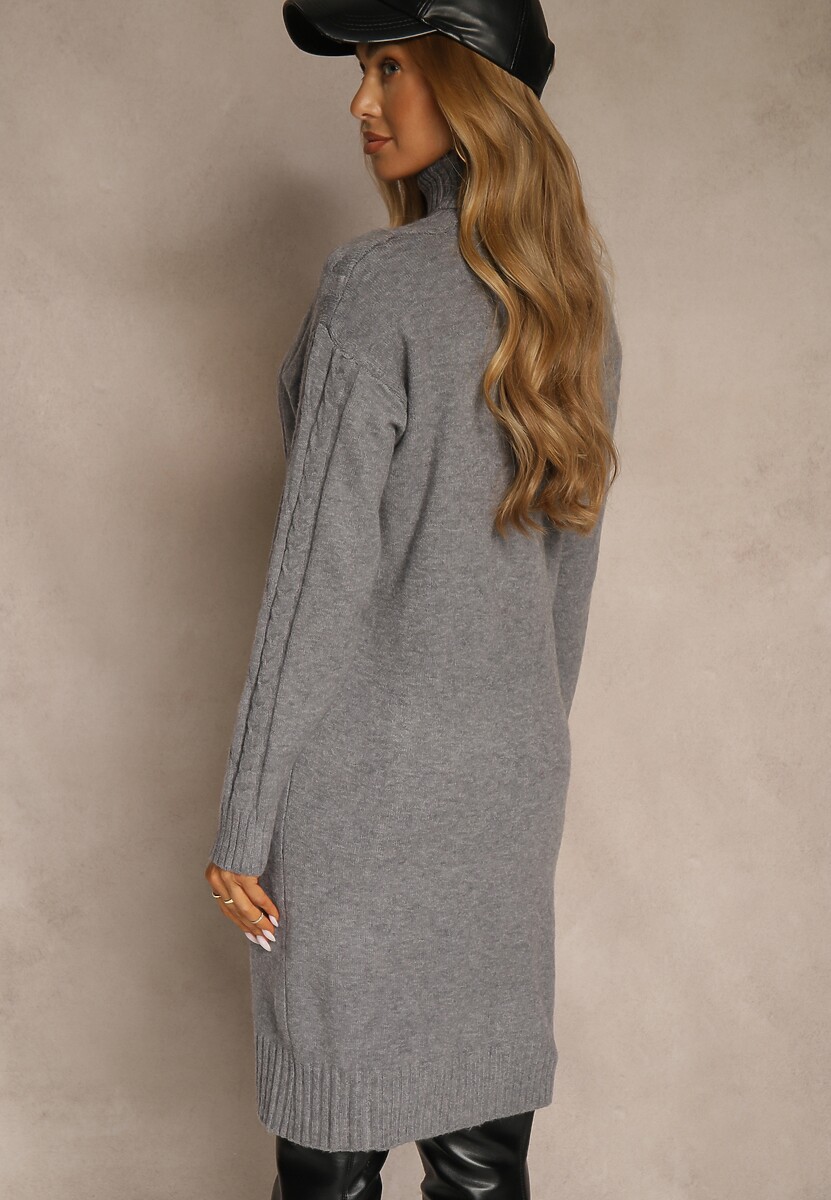 Szara Sukienka Sweterkowa z Golfem Wełną  Bawełną i Ozdobnym Splotem Reilenea