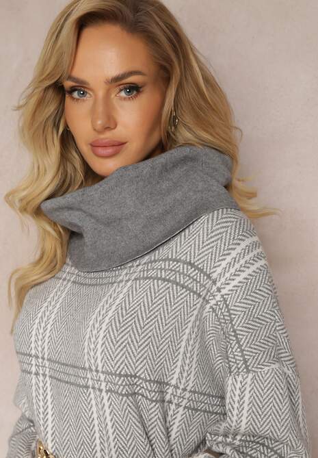 Szara Sweterkowa Sukienka Oversize z Szerokim Golfem Arnca