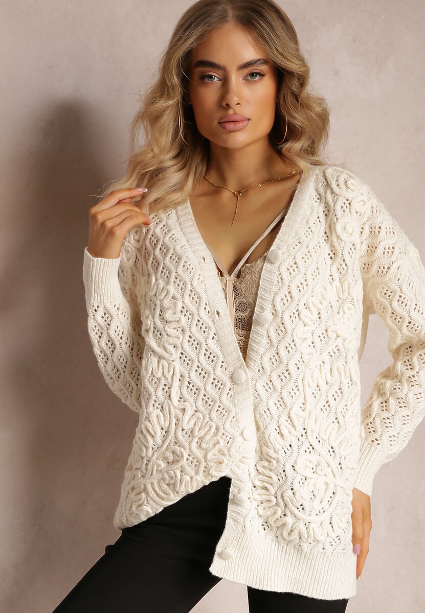 Jasnobeżowy Ażurowy Kardigan na Guziki Oreitha
