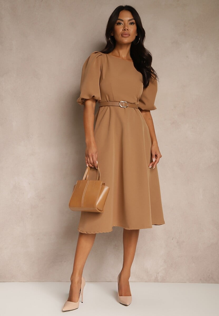 Jasnobrązowa Rozkloszowana Sukienka Ozdobiona Bufiastymi Rękawami Melianis