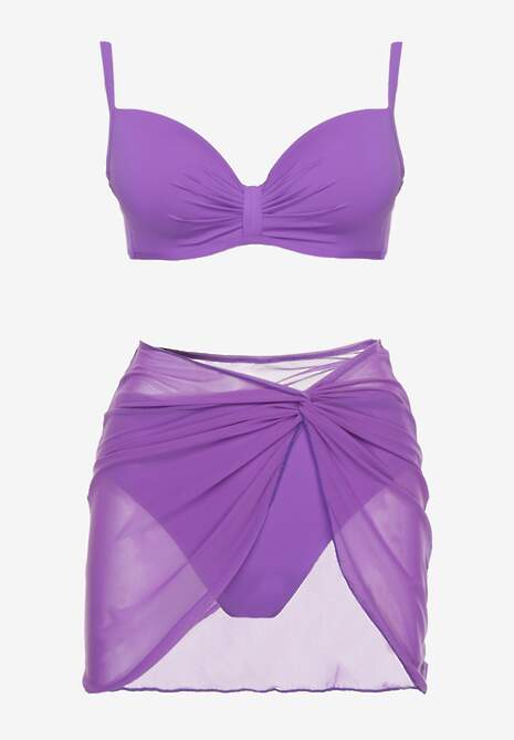 Fioletowe Bikini Majtki Typu Figi Marszczony Biustonosz i Pareo Natovena