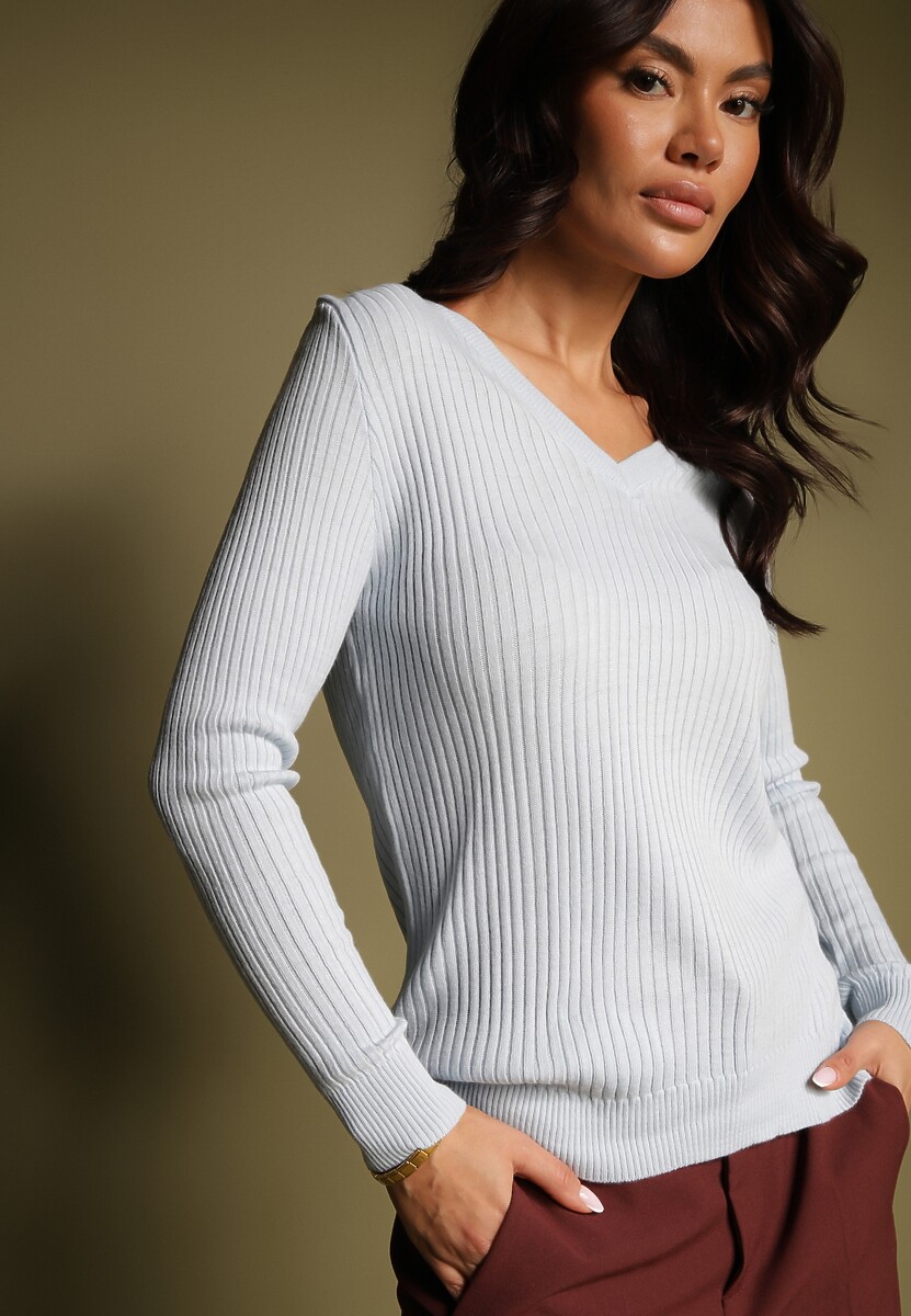 Jasnoniebieski Prążkowany Sweter z Dekoltem V Deriary