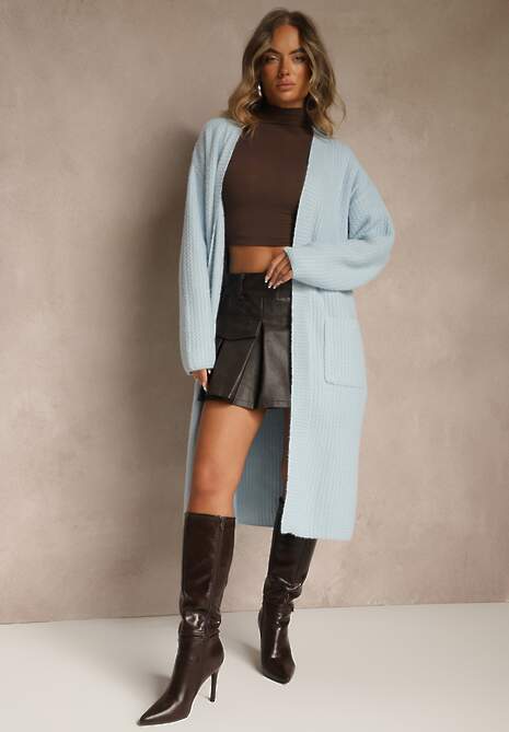 Niebieski Długi Kardigan Niezapinany z Bawełną Ferrive