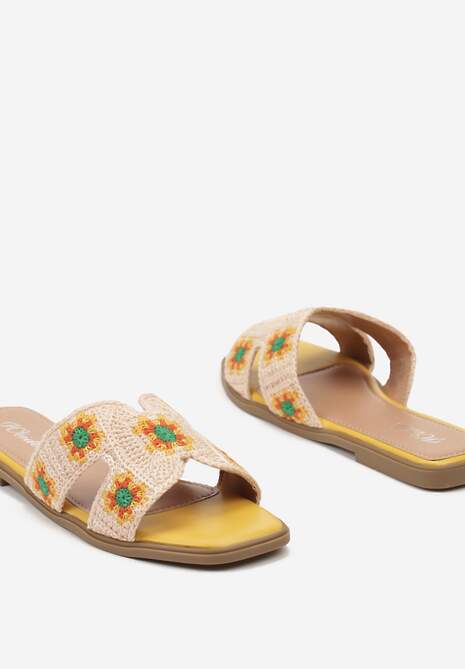 Żółte Klapki Ozdobione Haftowanymi Kwiatami Reviala