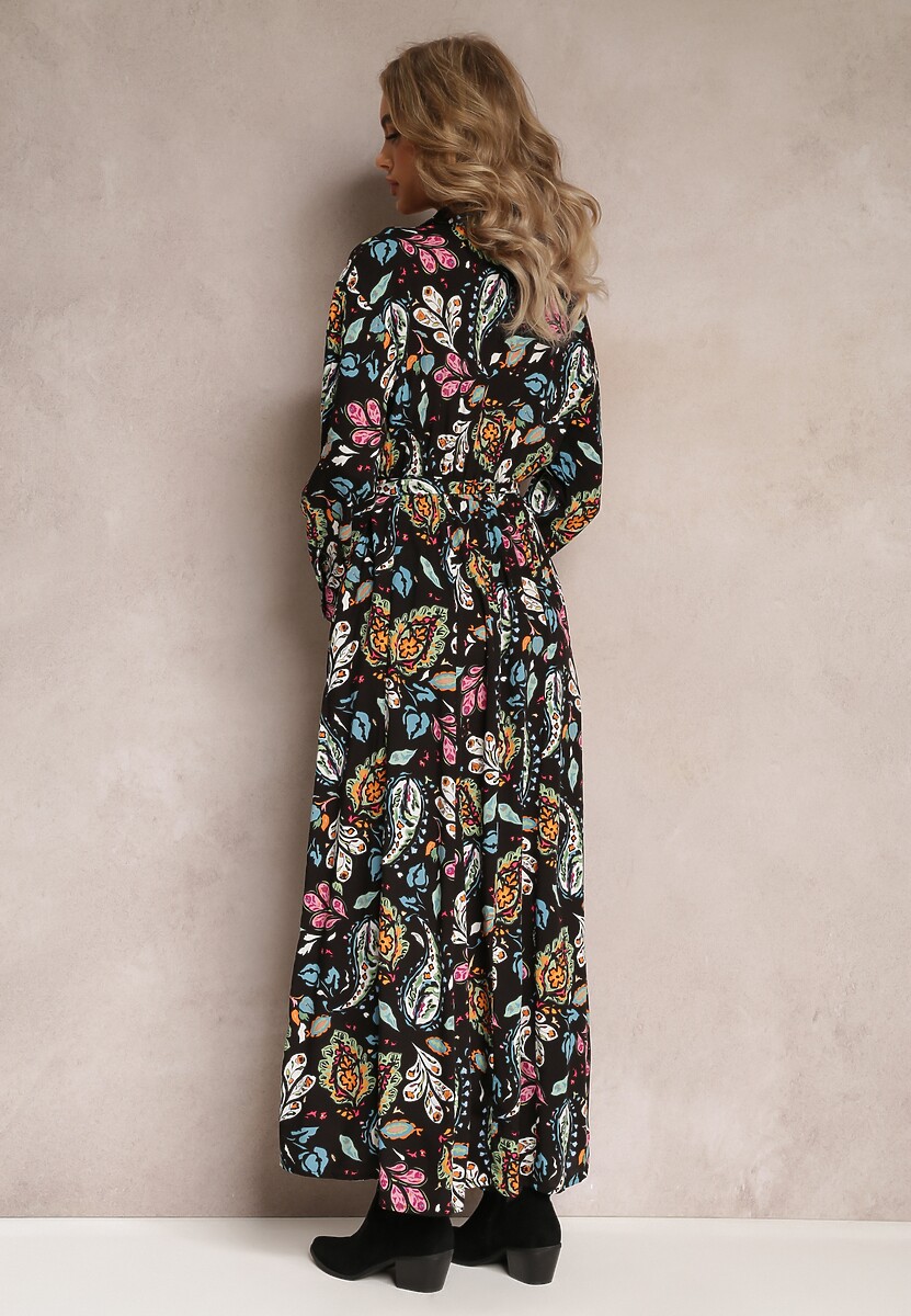 Czarna Wiskozowa Sukienka Koszulowa w Roślinny Wzór Phellane