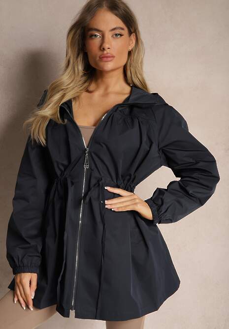 Granatowa Kurtka w Stylu Parki Wiązana w Pasie Nevithia