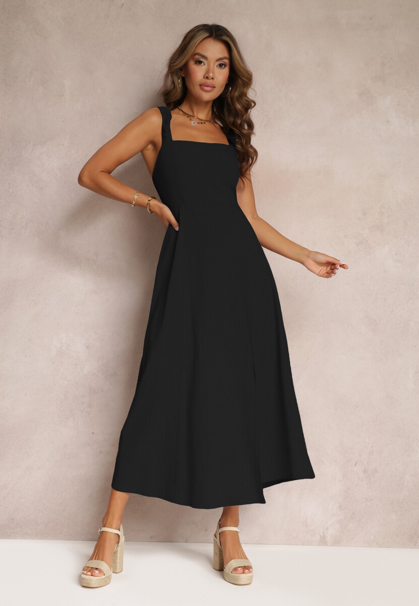 Czarna Rozkloszowana Sukienka Bawełniana z Kwadratowym Dekoltem Trenna