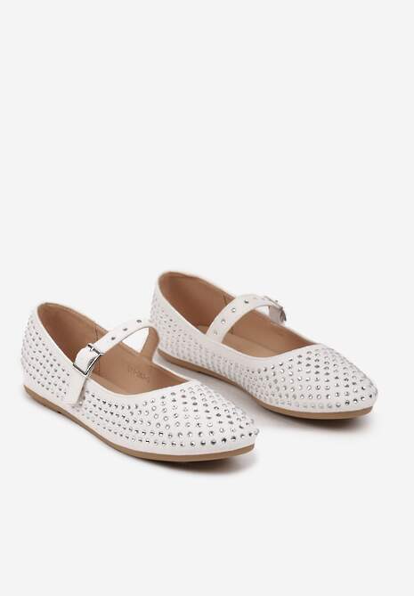 Białe Balerinki na Płaskiej Podeszwie w Stylu Mary Jane z Cyrkoniami i Ozdobnym Paskiem Ivilra