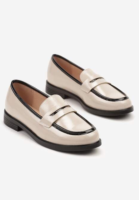 Beżowe Mokasyny Lakierowane ze Skórzaną Wkładką i Kontrastową Lamówką Beldiva