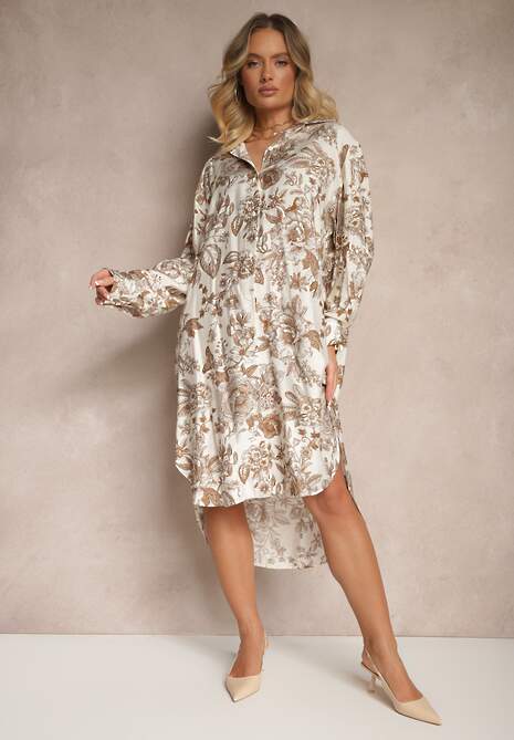Beżowa Kwiatowa Koszulowa Sukienka z Wiskozy Lisvesia