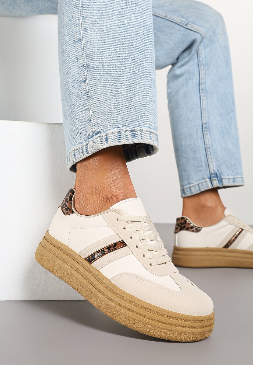 Beżowo-Czarne Sneakersy Kultowe Tenisówki na Grubej Podeszwie Ozdobione Wzorem w Panterkę Gonelis