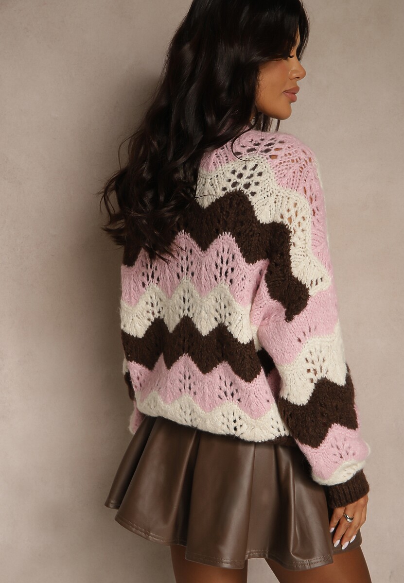 Różowy Kardigan z Domieszką Wełny i Wiskozy o Ażurowym Splocie Esina