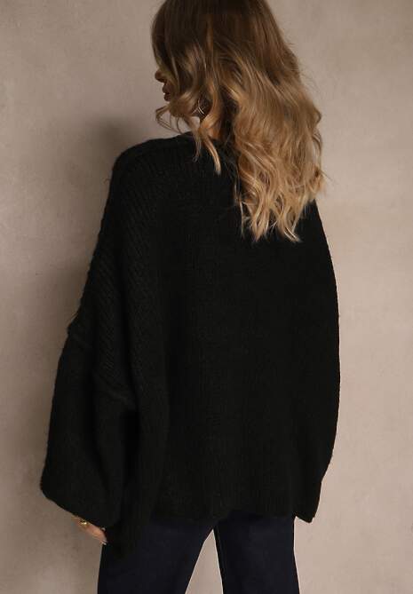 Czarny Niezapinany Kardigan Nietoperzowy z Dodatkiem Wełny i Wiskozy Rallidia